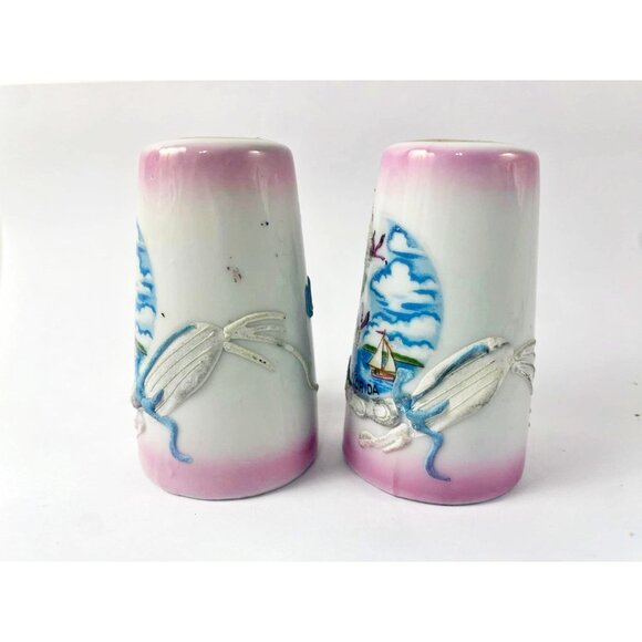 Vintage Hand-Painted Dragonware Florida Flamingoes Souvenir Salt & Pepper Shaker - Picture 2 of 4
